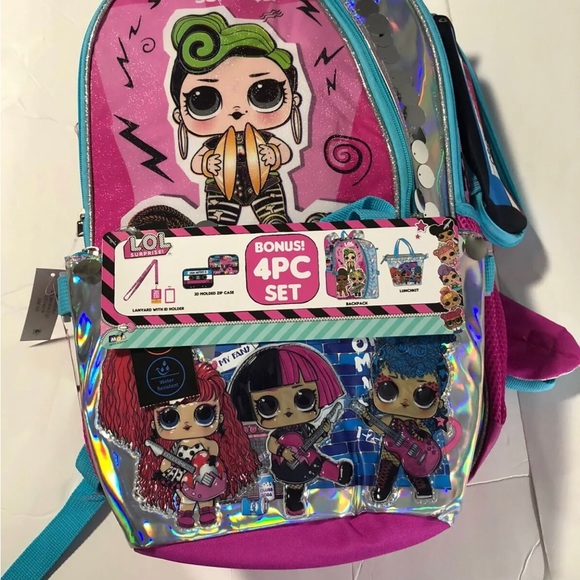 New L.O.L. Surprise! Remix 4pc. Pink Backpack 17” Lunch bag Lanyard Zip Case NWT - Picture 8 of 10
